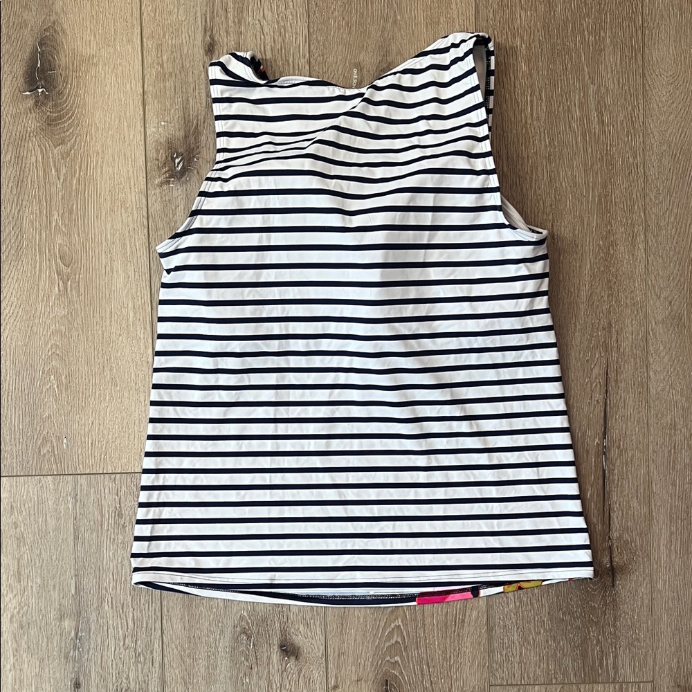 Lands' End ~ Navy and White Striped/Floral High Neck Swim Tank Tankini Top, 14 - Picture 6 of 15